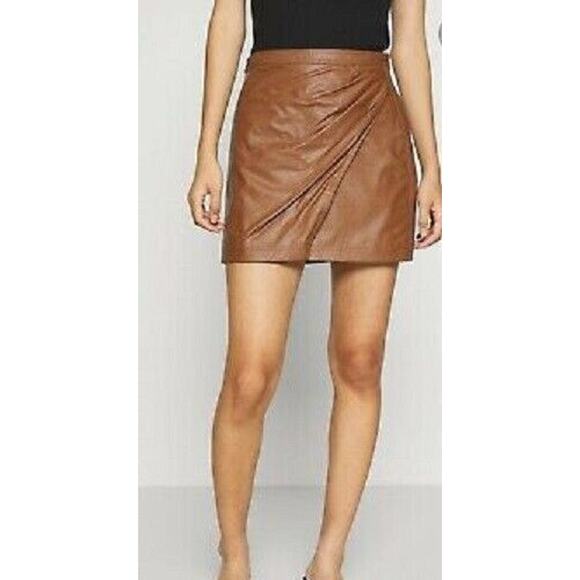 FREE PEOPLE Fake Out Faux Leather Vegan Wrap Mini Skirt In Walnut Sz 0 - Picture 1 of 10